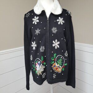 Classy Upscale Black Embellished Christmas Sweater-Size L